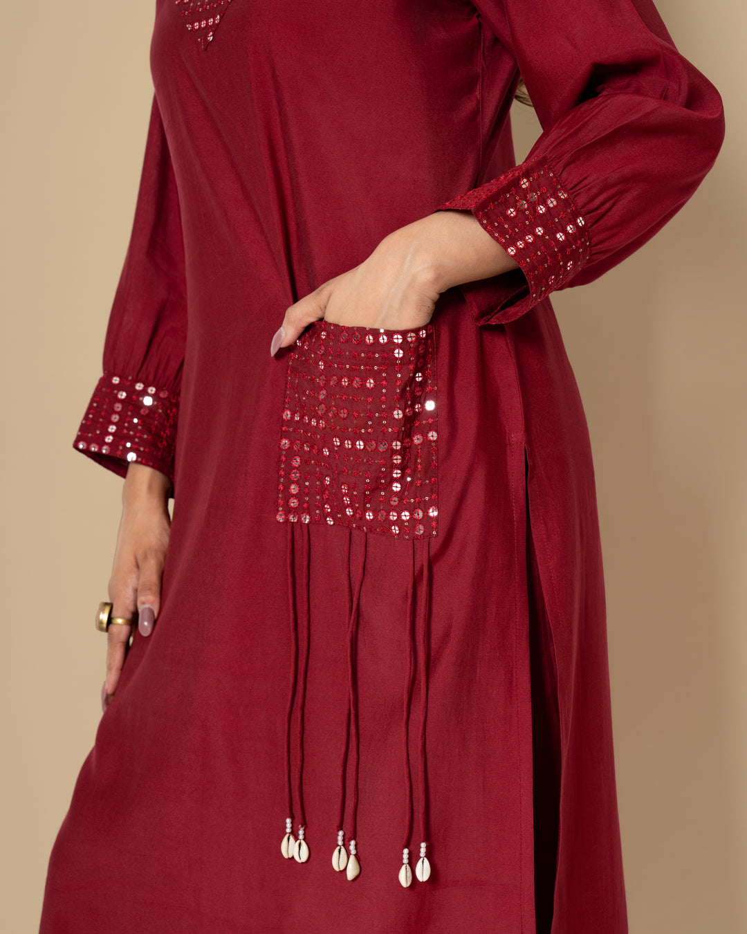 Naina Merlot Mirror Work Kurta Pant Set