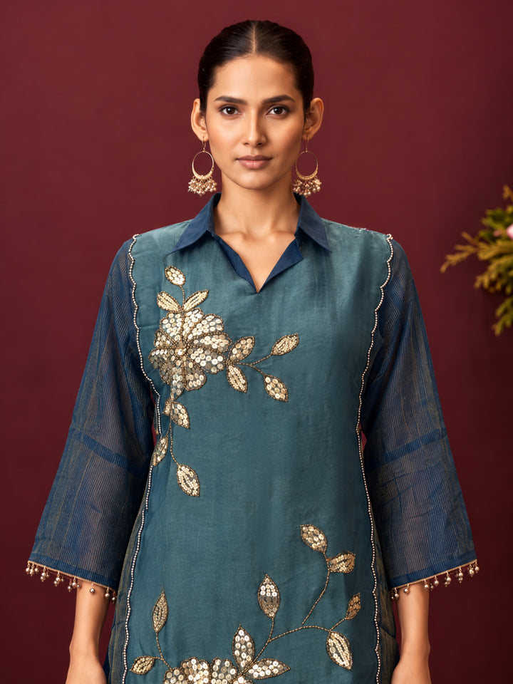 Elini Cobalt Handwork Bib Style Festive Co-Ord Set
