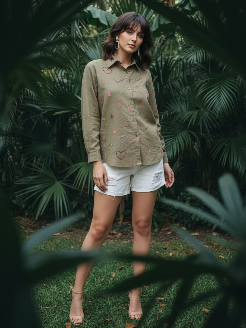 Ivanka olive embroidery cotton shirt