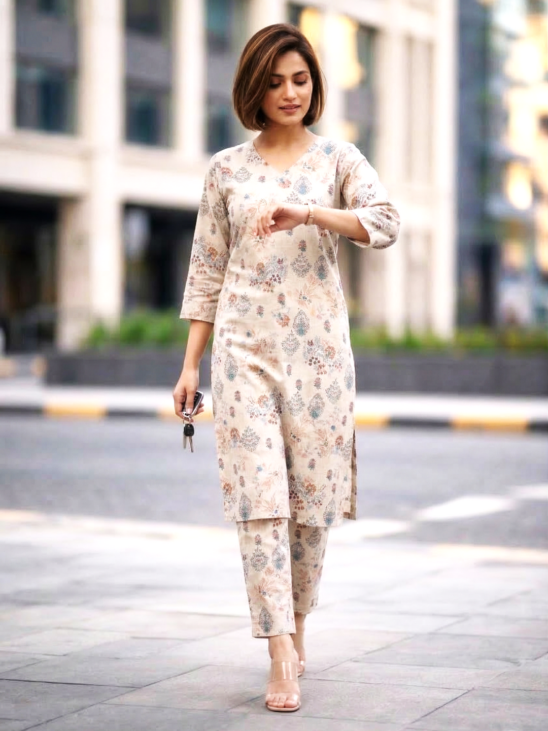 Bindiya Pearl Linen Printed Kurta Pant Set