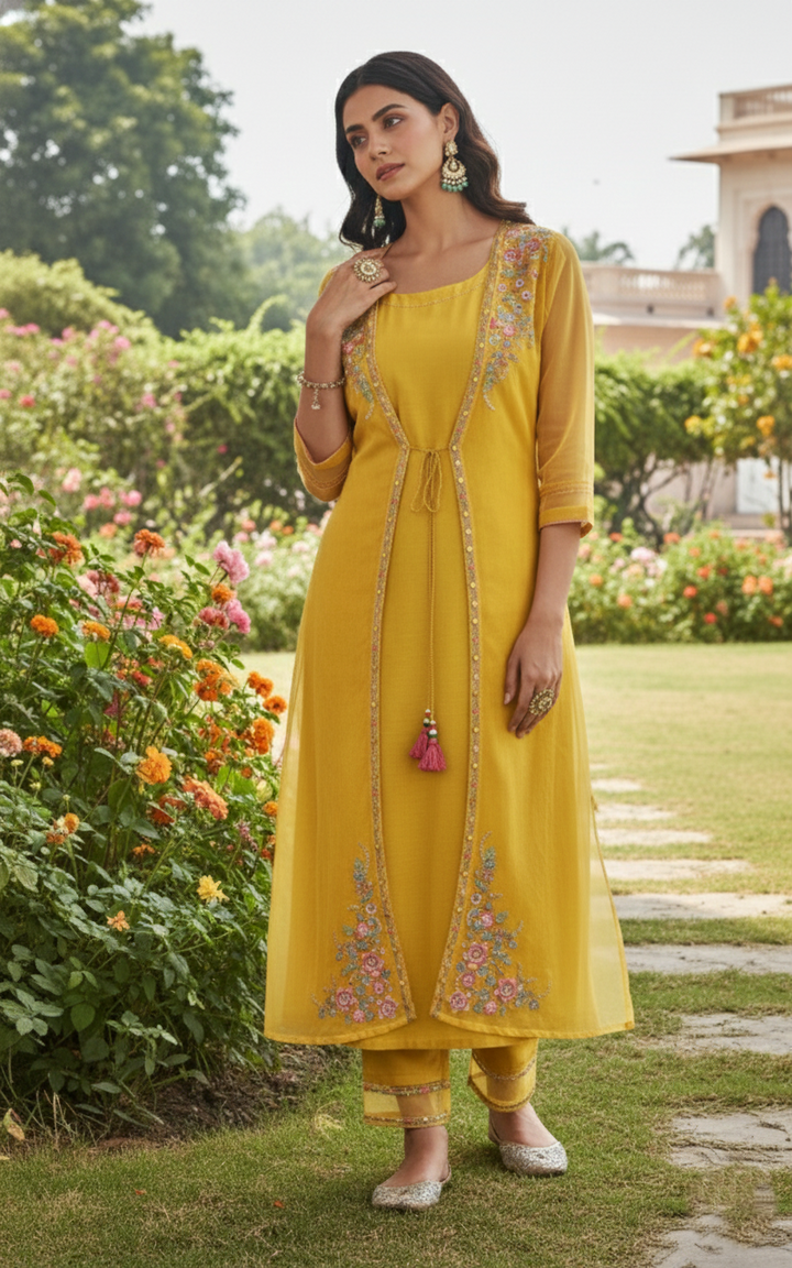 Shamita Marigold Embroidery Designer Organza Jacket Set