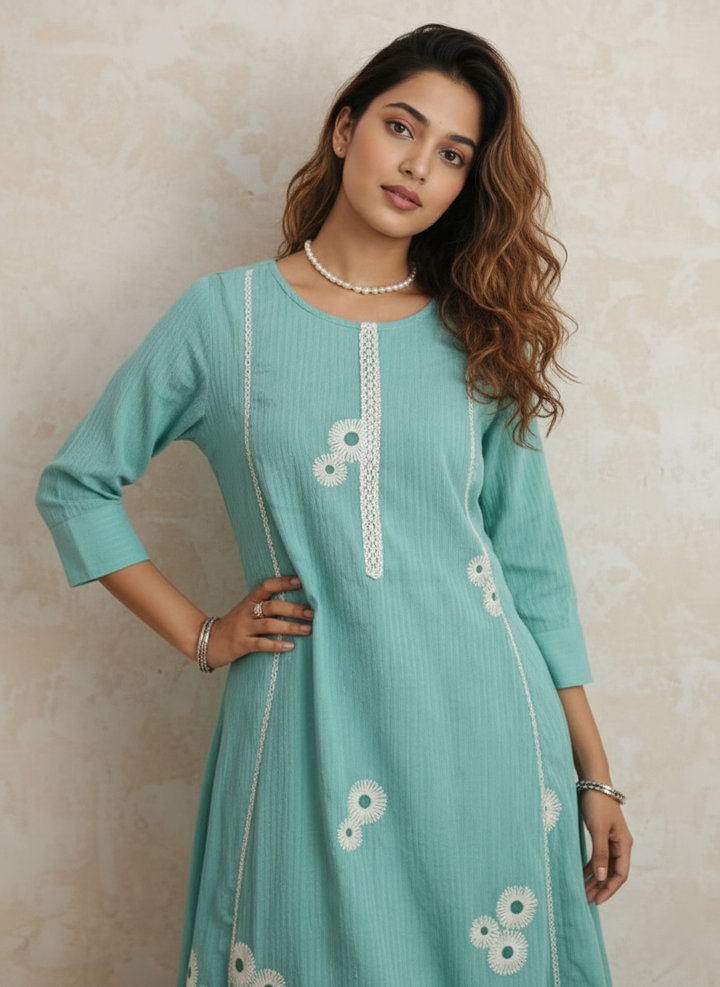 Swades softblue embroidery cotton kurta