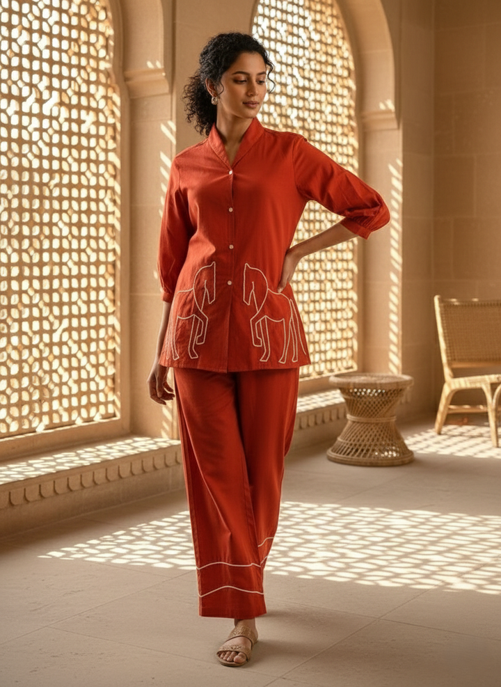 Sargi tangerine embroidery co-ord set