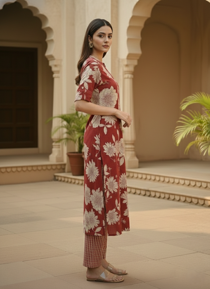 SNEHA SCARLET COTTON KURTA PANT SET