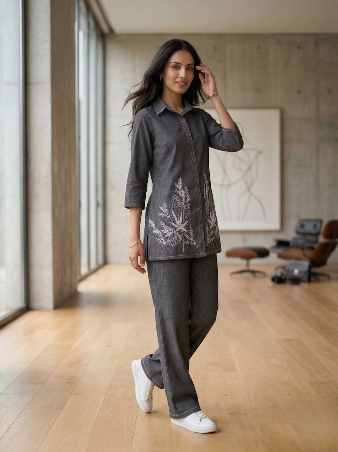 Prisha fossil embroidery denim co-ord set