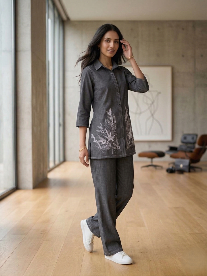 Prisha fossil embroidery denim co-ord set