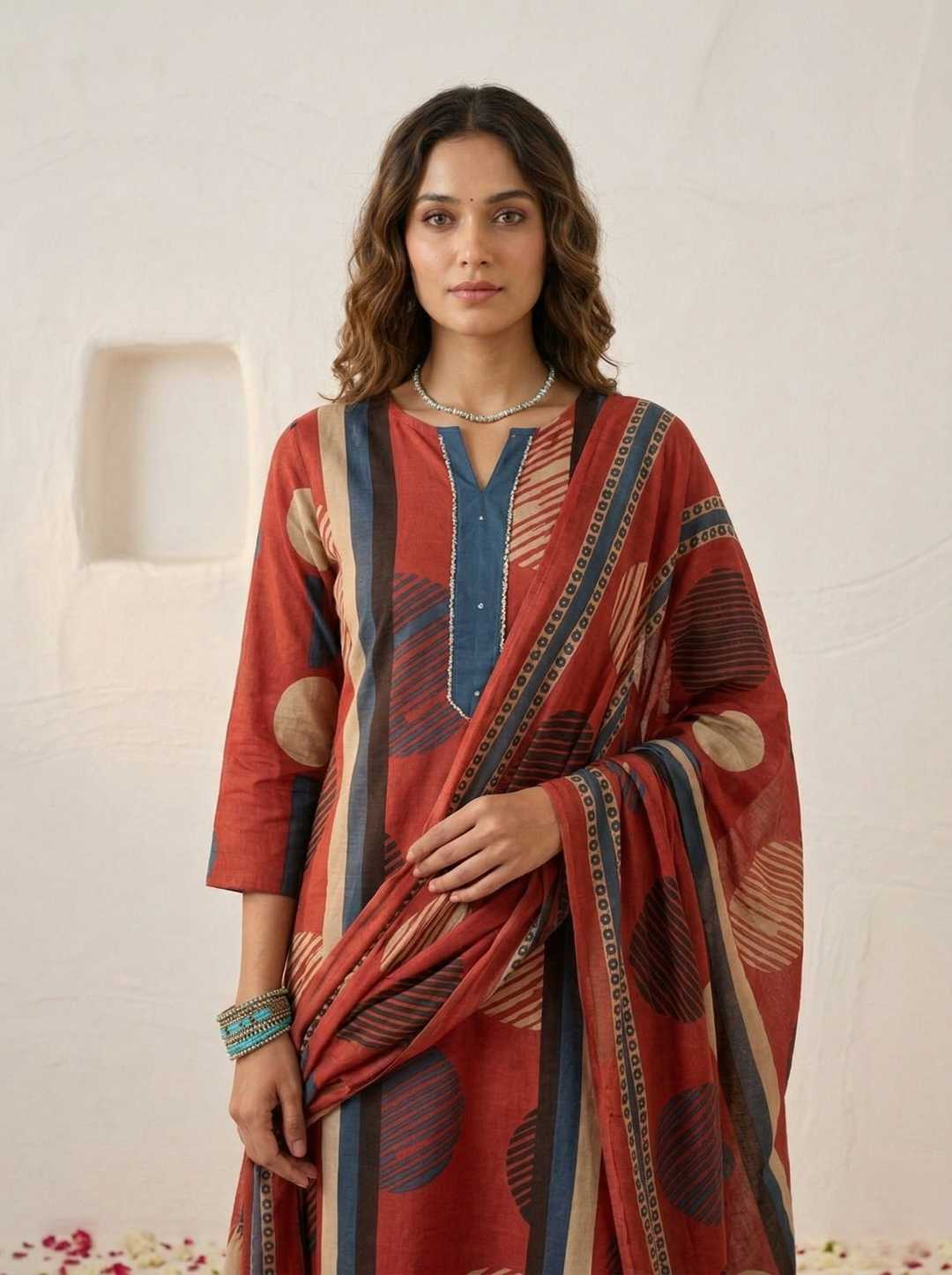 Swades crimson printed cotton suit set