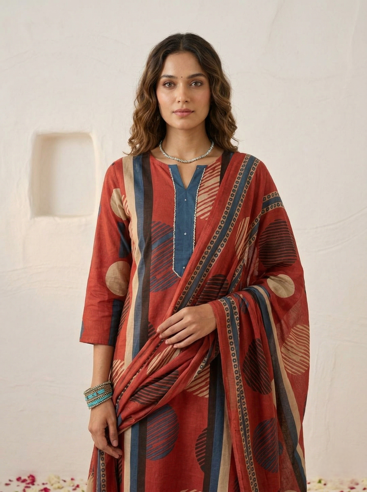 Swades crimson printed cotton suit set