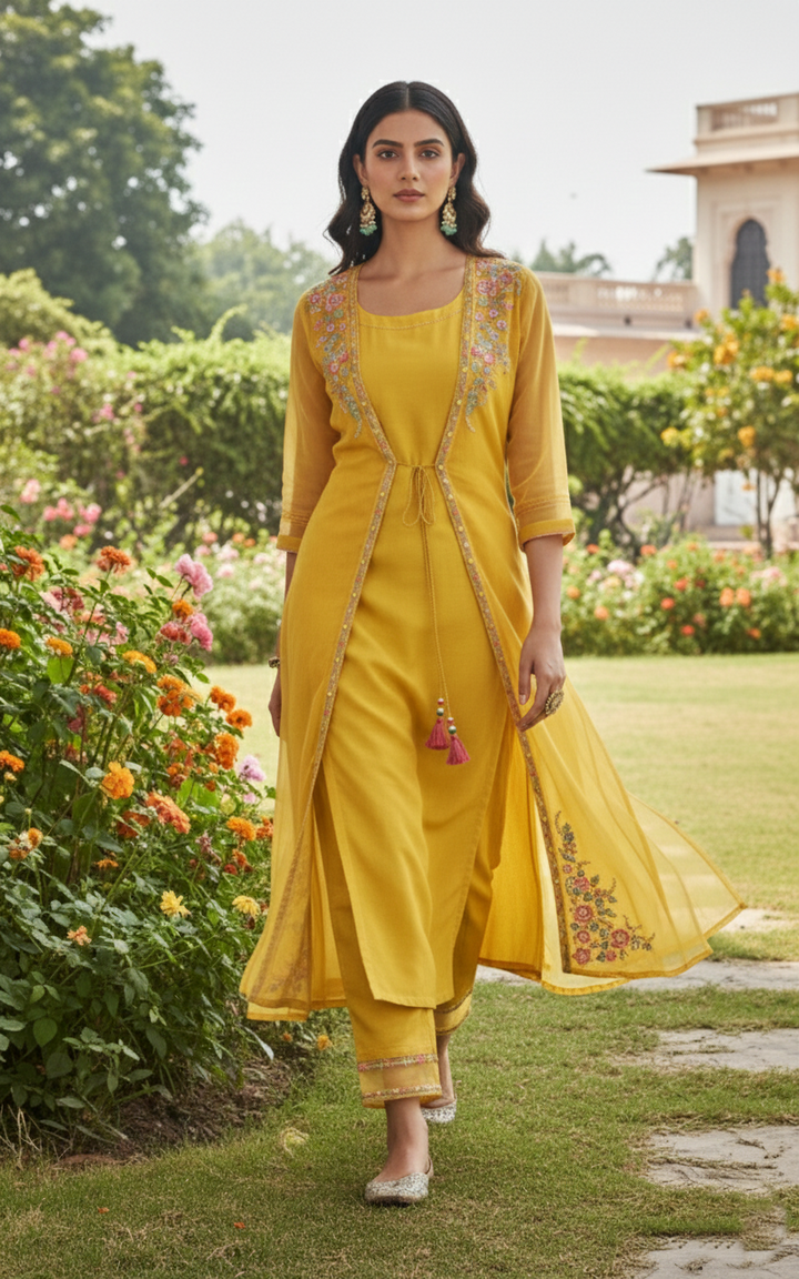 Shamita Marigold Embroidery Designer Organza Jacket Set