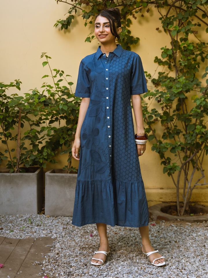 Ravya azure embroidery cotton dress