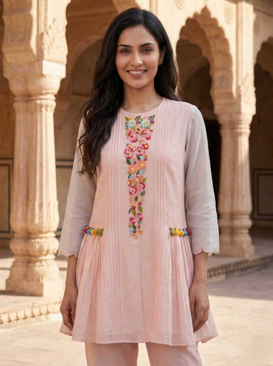 Gaur salmon embroidery cotton co-ord set