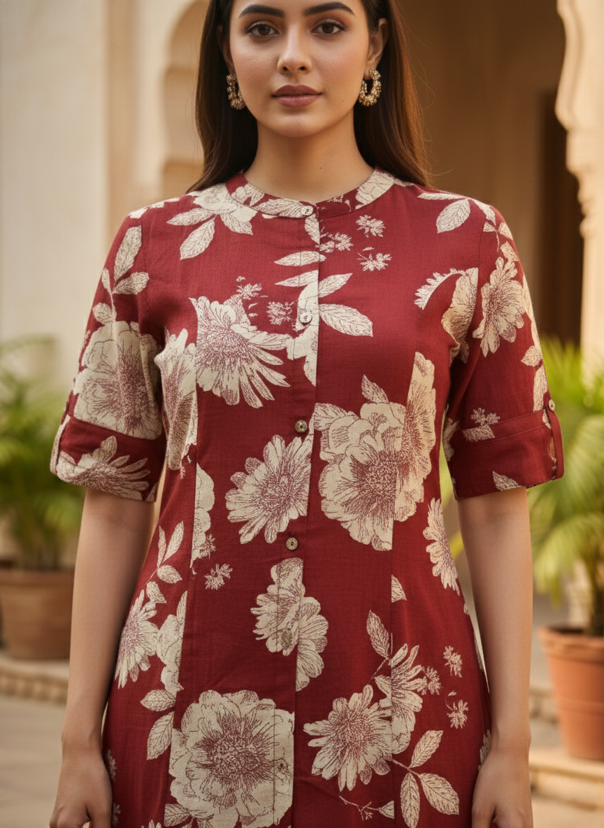 SNEHA SCARLET COTTON KURTA PANT SET