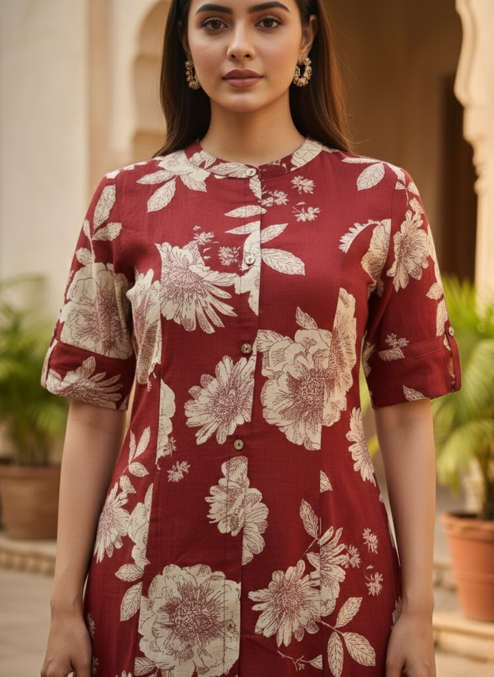 SNEHA SCARLET COTTON KURTA PANT SET