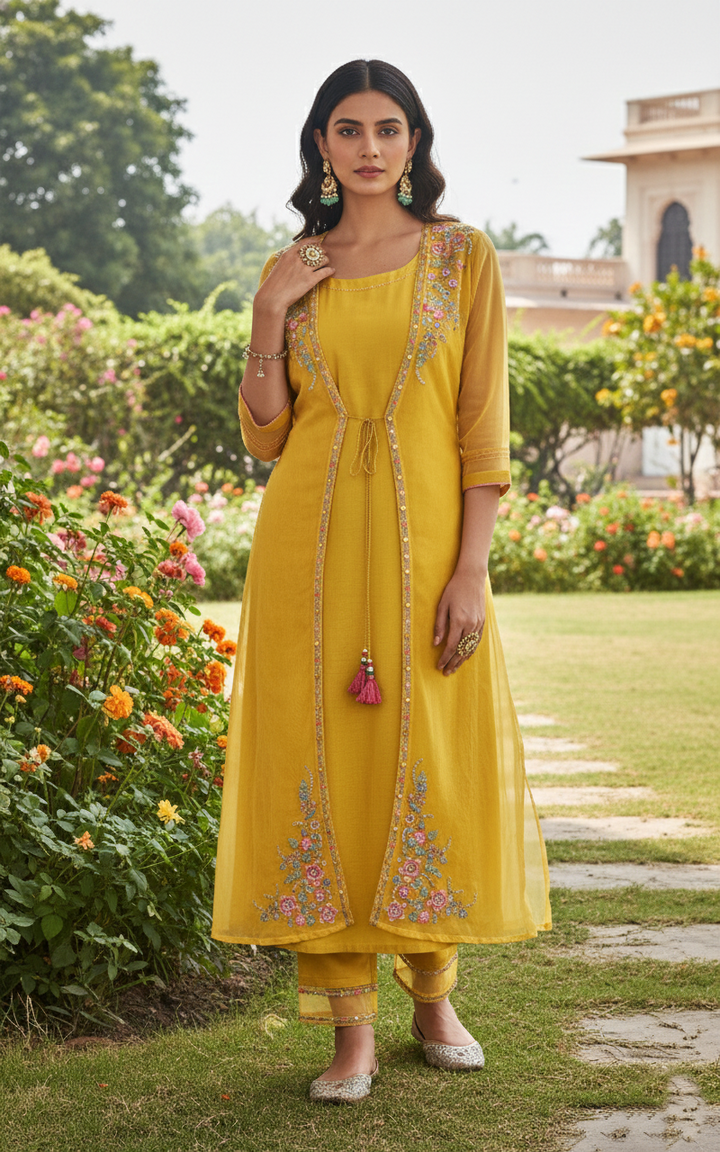Shamita Marigold Embroidery Designer Organza Jacket Set