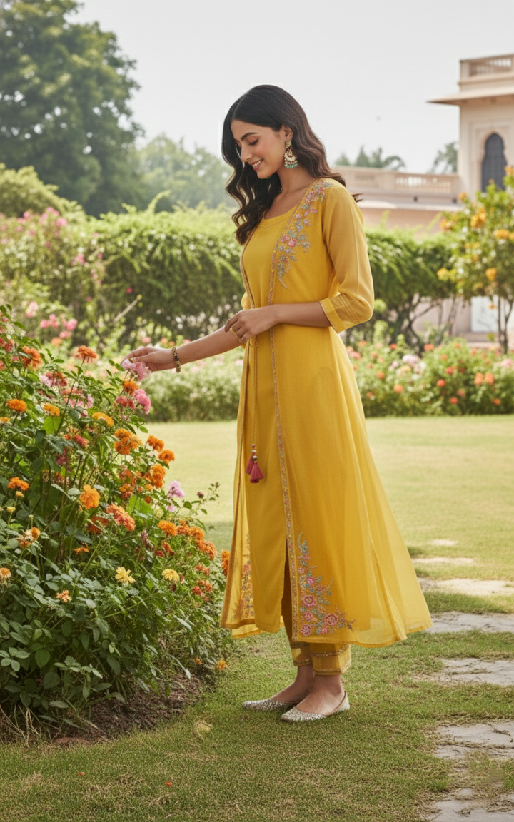 Shamita Marigold Embroidery Designer Organza Jacket Set