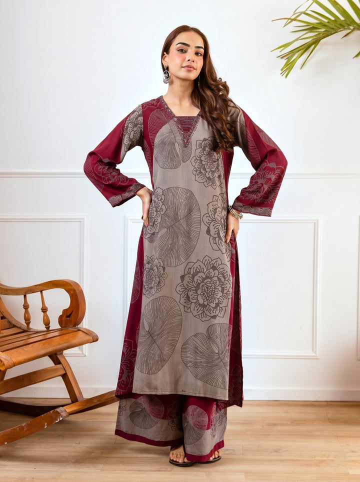 Karen Burgundy printed kurta pant set