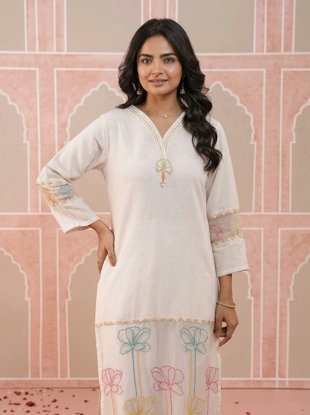 Drona merino embroidery cotton kurta pant set