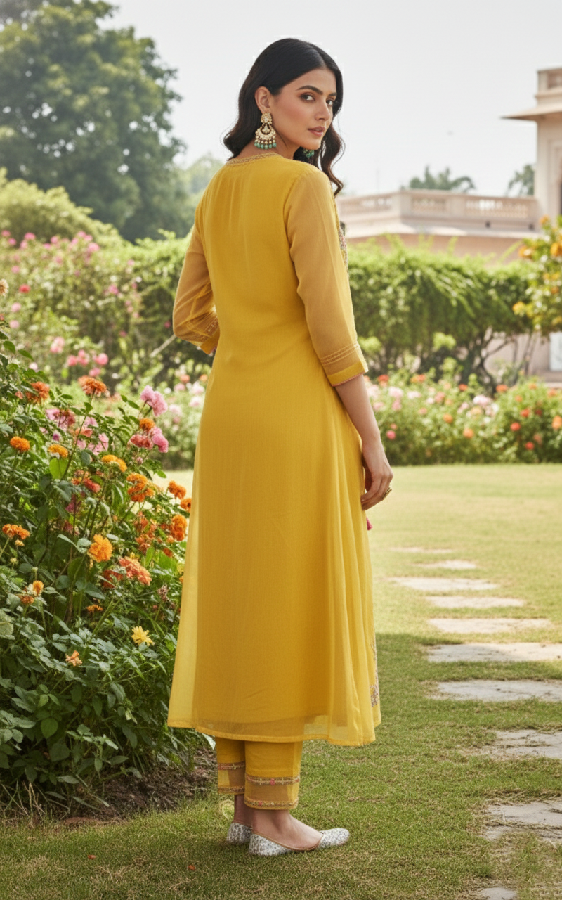 Shamita Marigold Embroidery Designer Organza Jacket Set