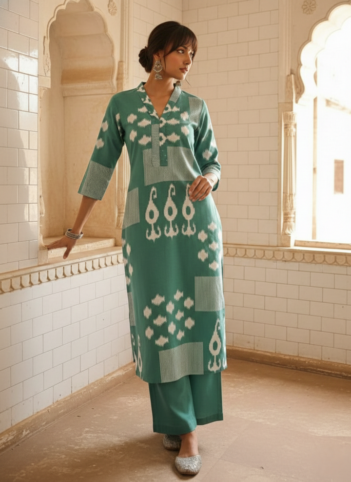 Swades teal cotton kurta pant set