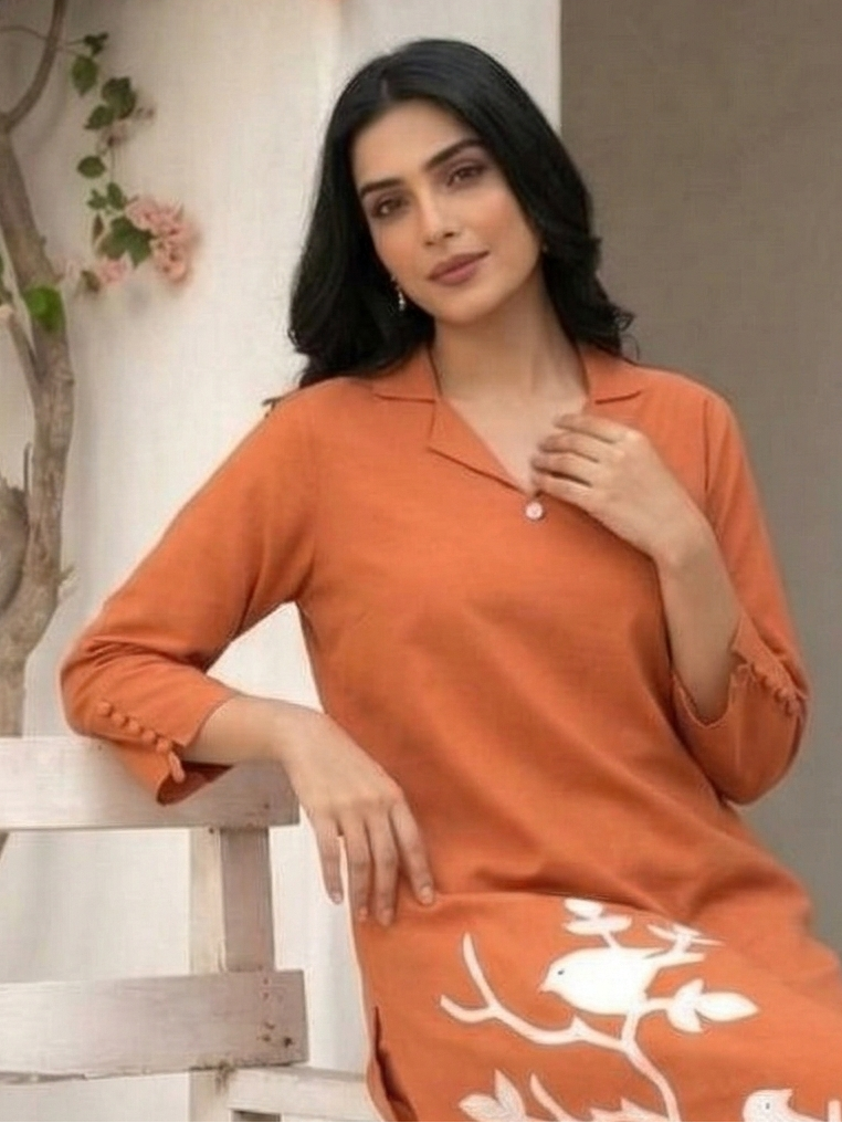 Tanu apricot emboidery cotton kurta pant set