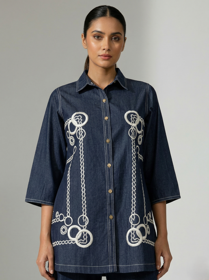 Prisha sapphire embroidery denim co-ord set