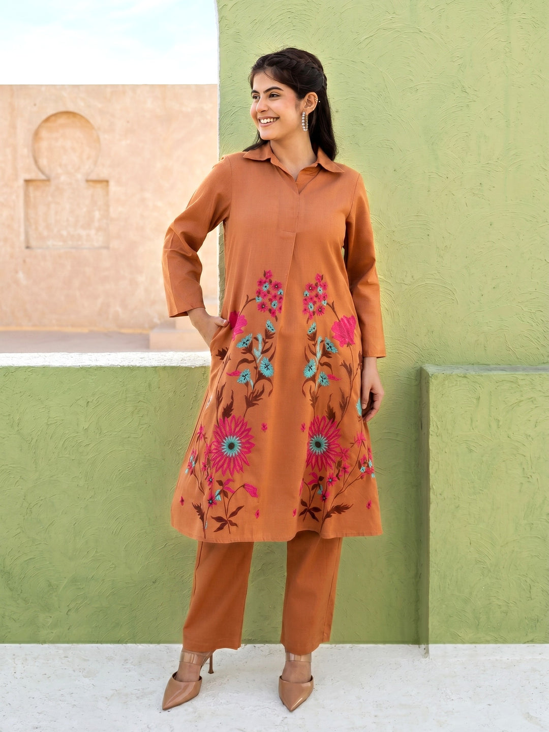 Viva toffee embroidery cotton co-ord set