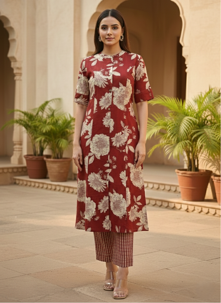 SNEHA SCARLET COTTON KURTA PANT SET