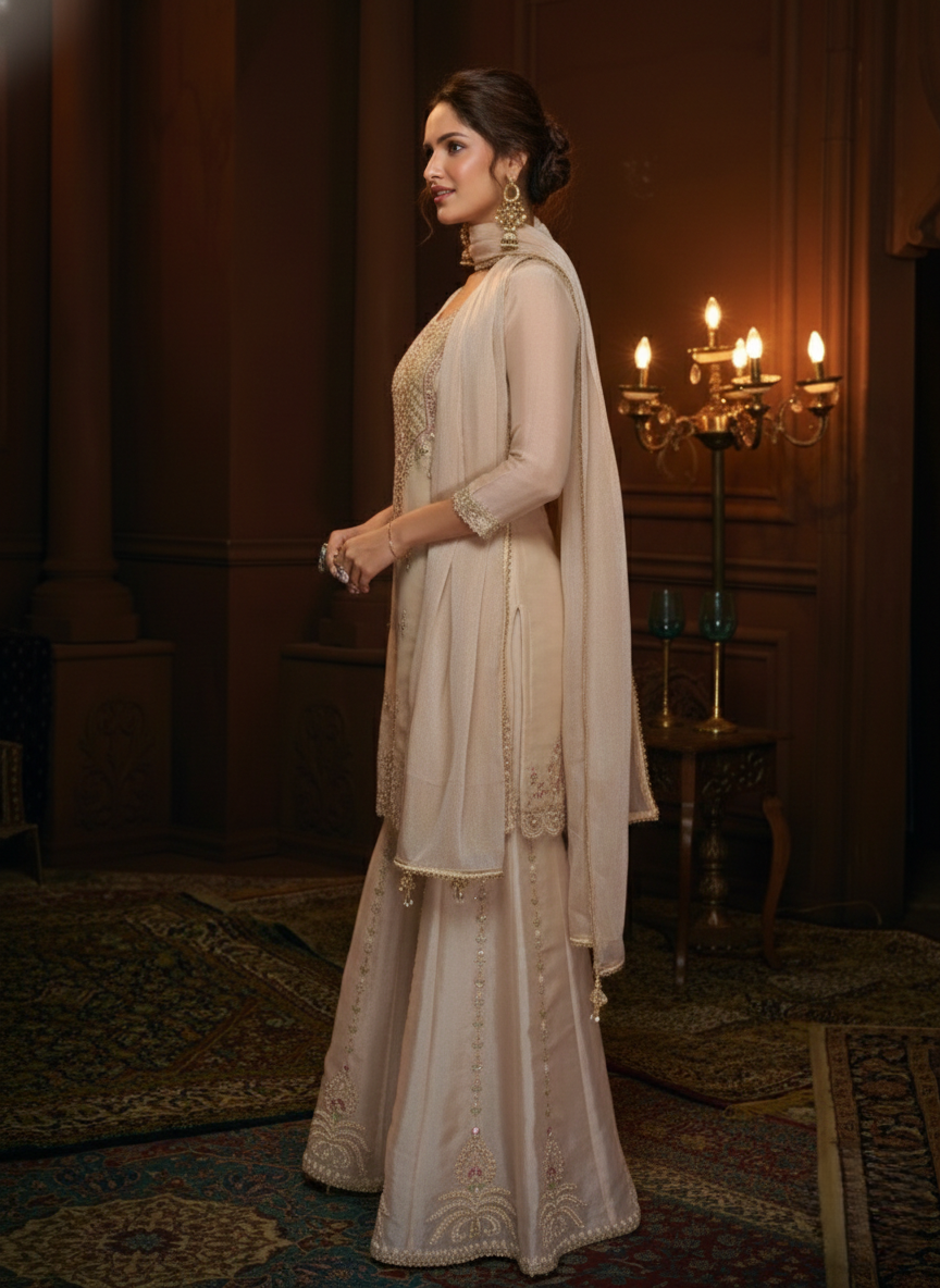Haniya Pearl Full Work Premium Gharara Set