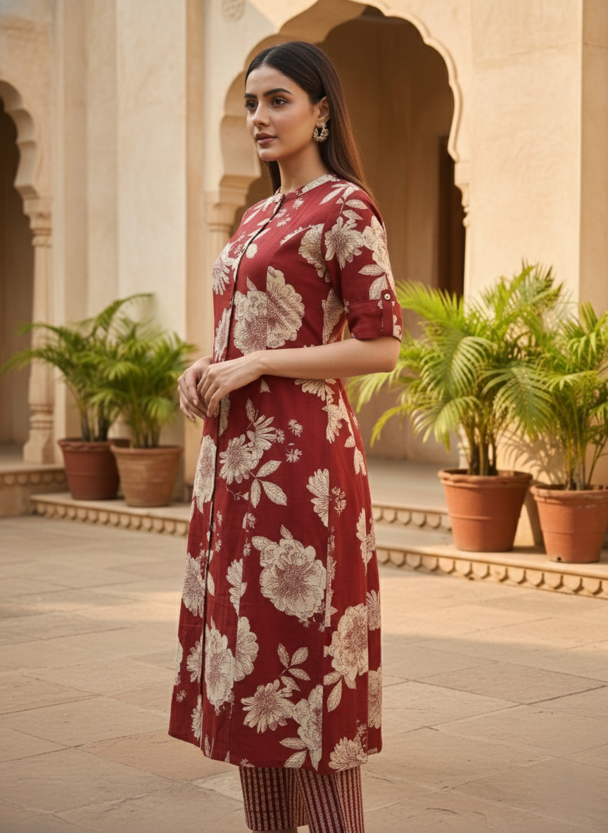 SNEHA SCARLET COTTON KURTA PANT SET