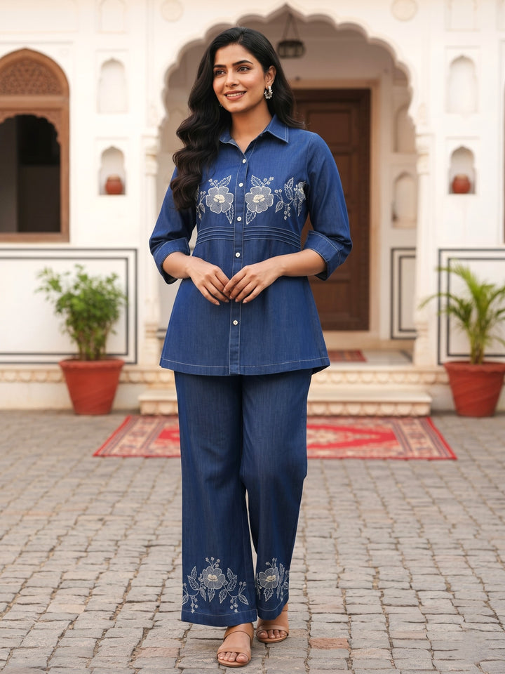 Poppi cobalt embroidery denim co-ord set