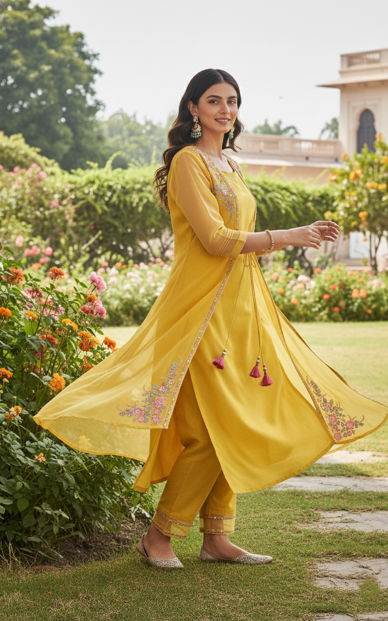 Shamita Marigold Embroidery Designer Organza Jacket Set