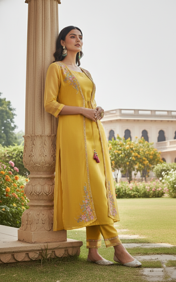 Shamita Marigold Embroidery Designer Organza Jacket Set