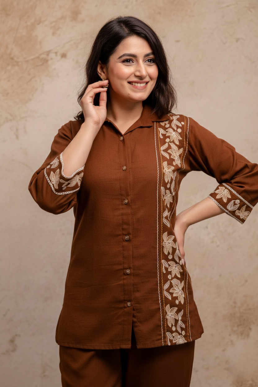 Viyona Mousse Cotton Embroidered Co-ord Set