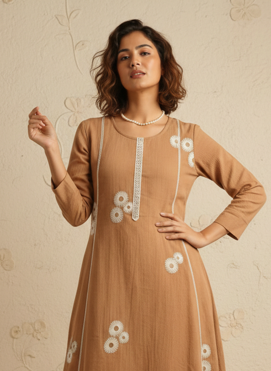 Swades tan cotton embroidery kurta
