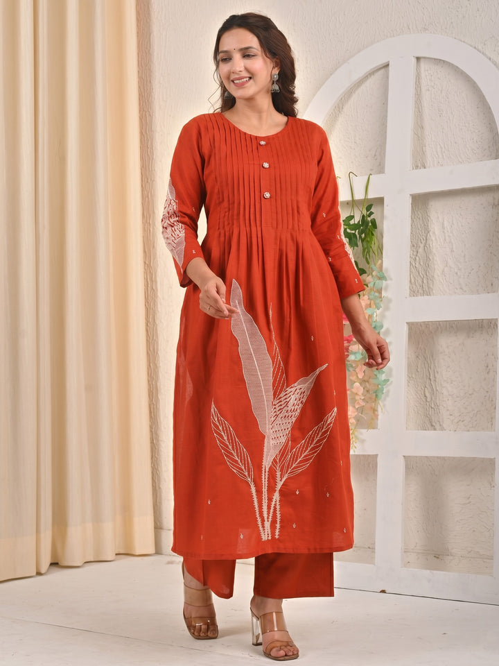 Sarvari Rust Embroidered Kurta Pant Set