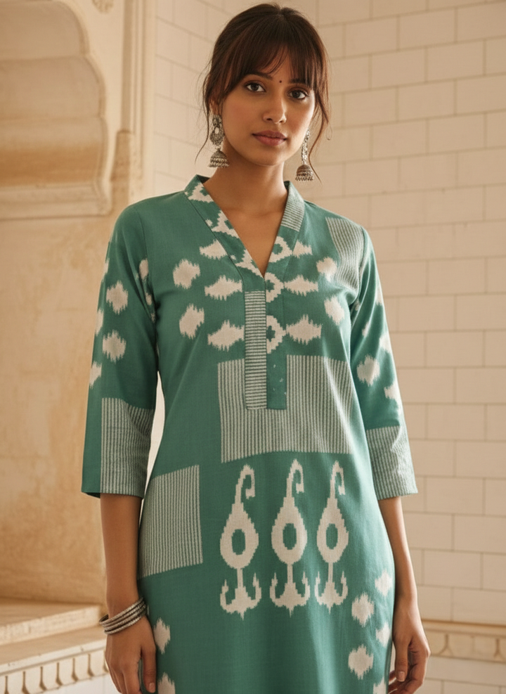 Swades teal cotton kurta pant set