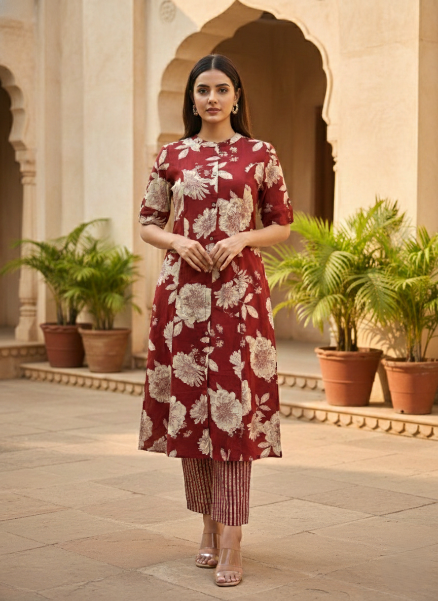 SNEHA SCARLET COTTON KURTA PANT SET