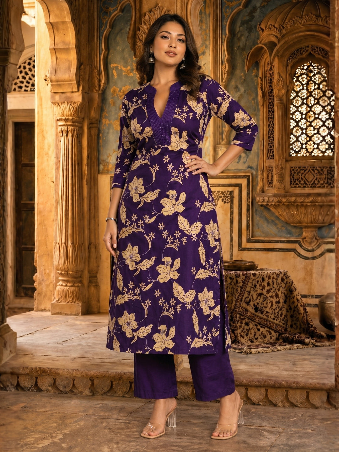 SASHA ORCHID PRINTED COTTON KURTA PANT SET