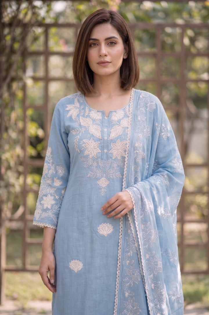 Bahara Softblue Printed Embroidered Suit Set