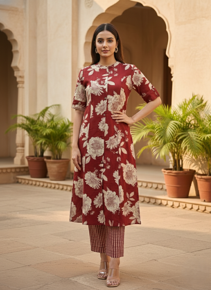 SNEHA SCARLET COTTON KURTA PANT SET