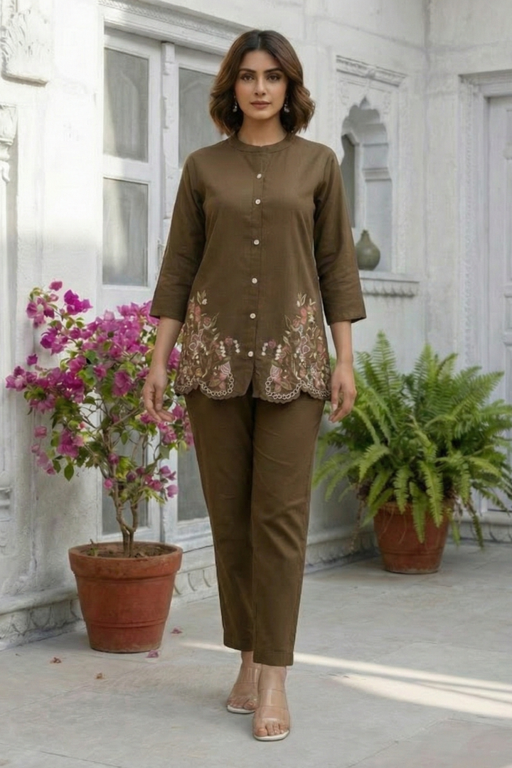 Viyona Coffee Embroidered Co-ord Set