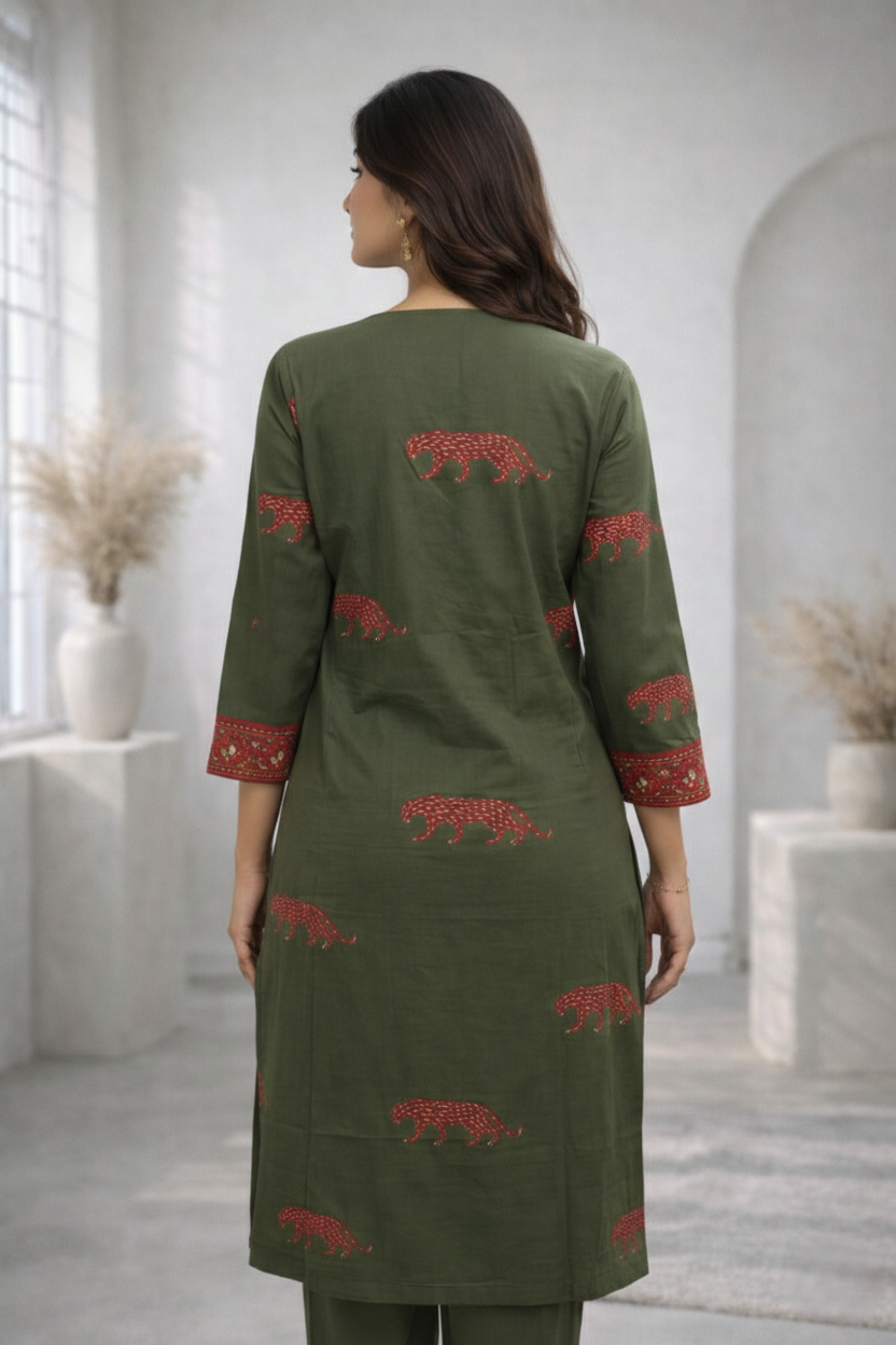 Abira Olive Printed Kurta pant set