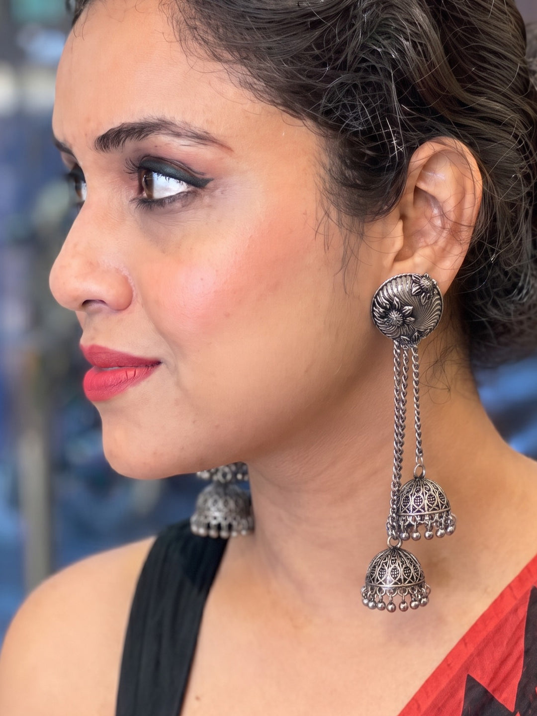 Rajwara Oxidised Double Layer Chain Jhumka