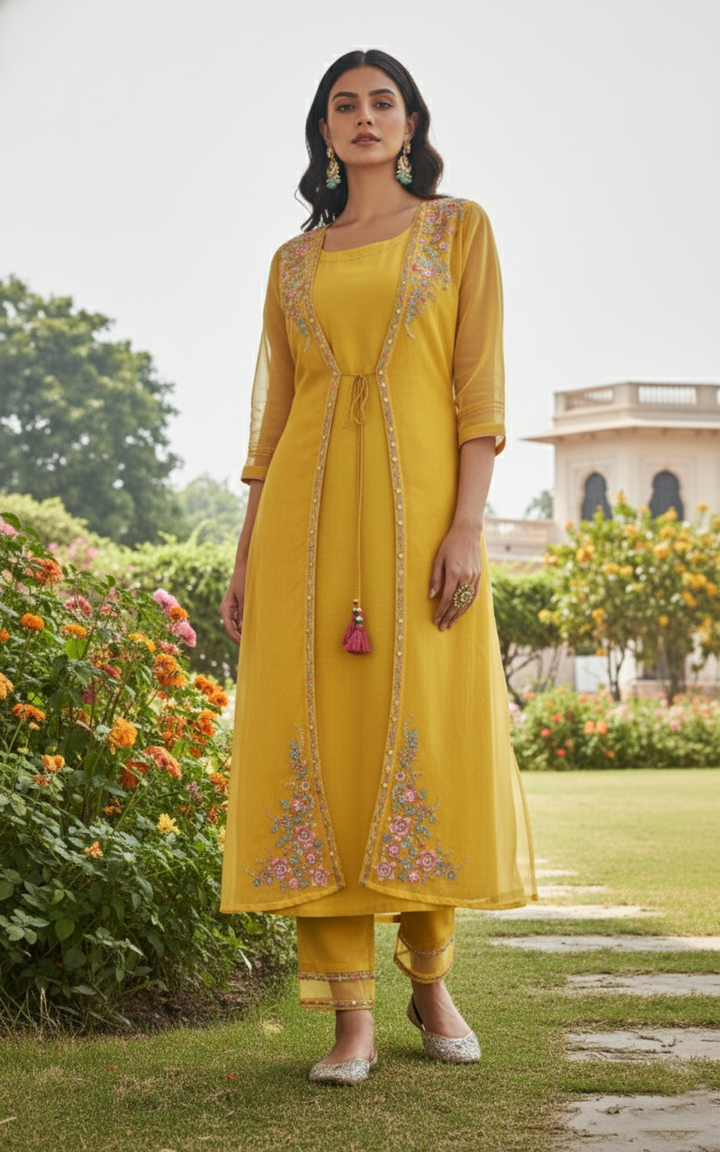 Shamita Marigold Embroidery Designer Organza Jacket Set