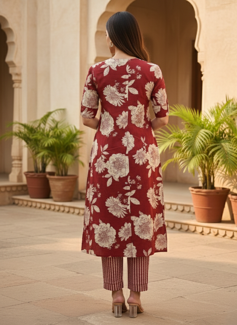 SNEHA SCARLET COTTON KURTA PANT SET
