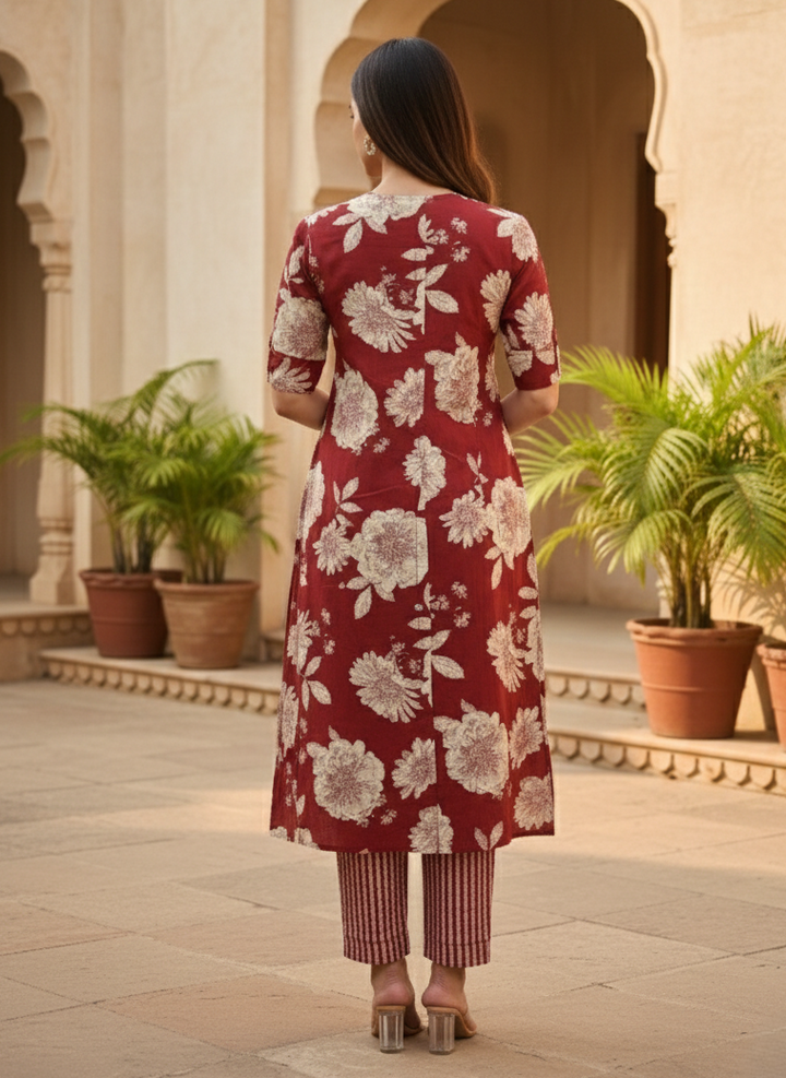 SNEHA SCARLET COTTON KURTA PANT SET