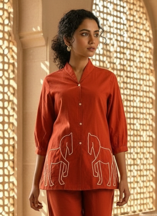 Sargi tangerine embroidery co-ord set