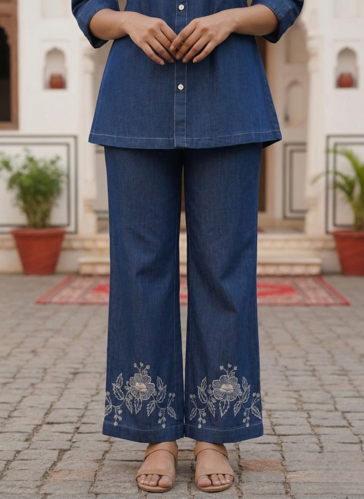 Poppi cobalt embroidery denim co-ord set