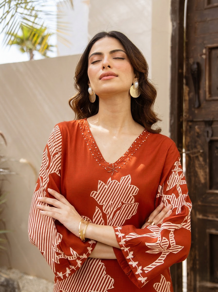Karen Terracotta printed kurta pant set