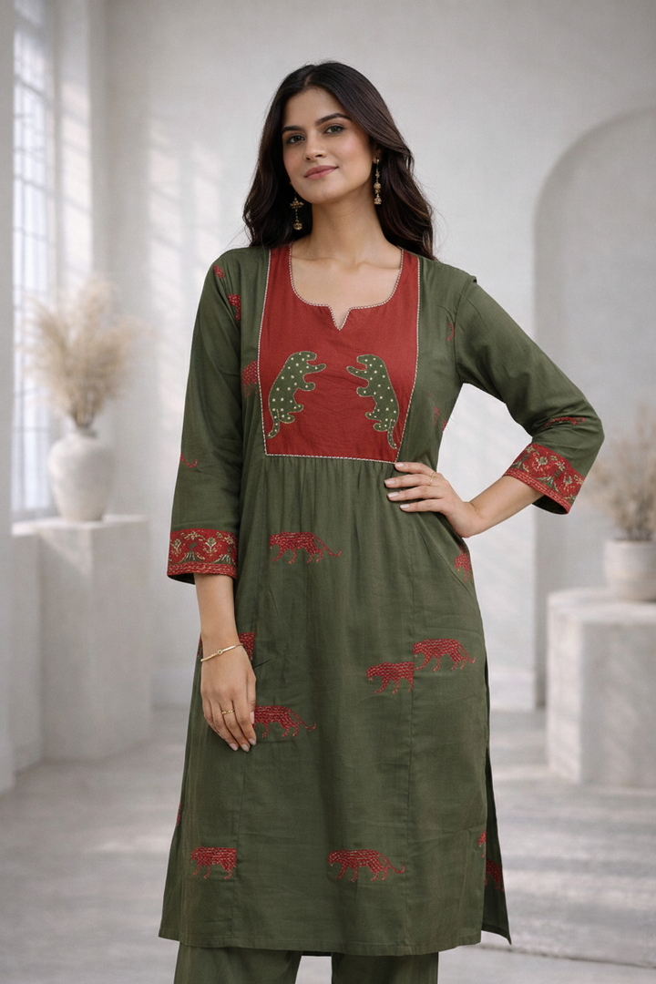 Abira Olive Printed Kurta pant set